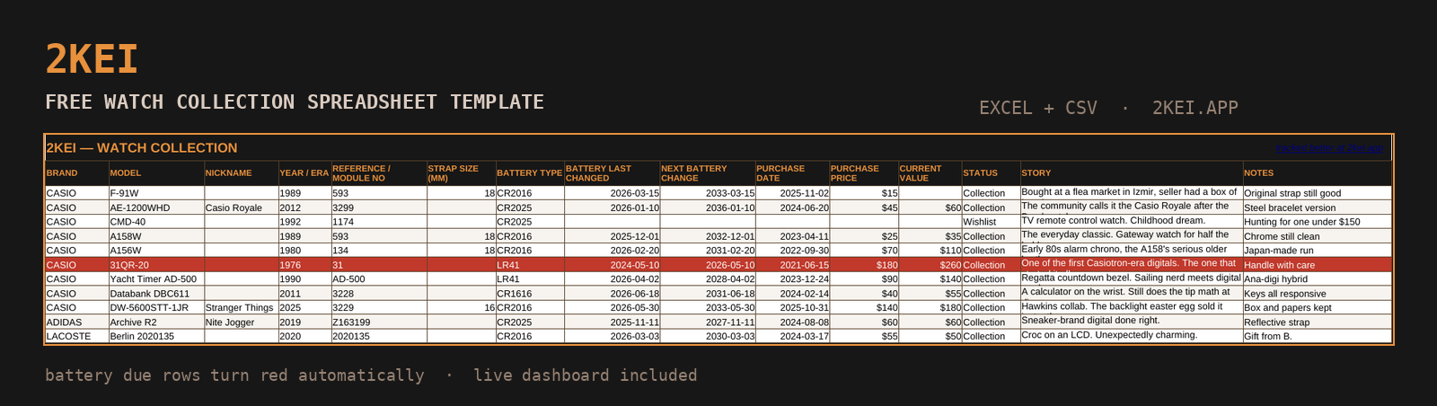 Free watch collection spreadsheet template for Excel and Google Sheets, with battery tracking columns